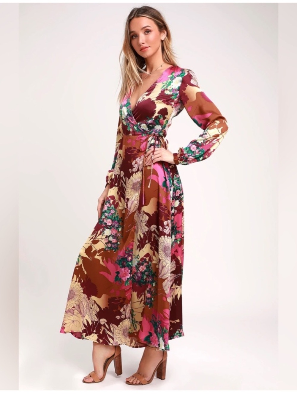 Lulus | Put on a Smile Burgundy Floral Print Satin Wrap Maxi Dress - Picture 5 of 11